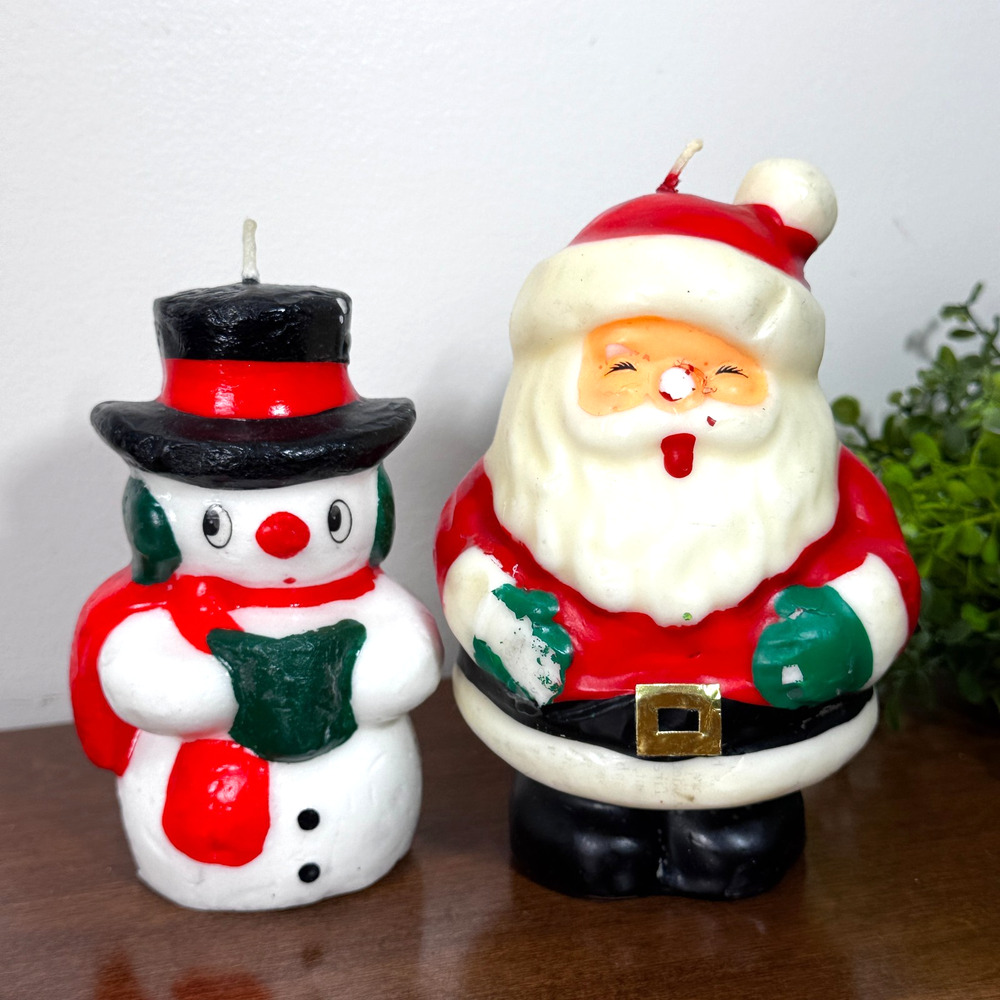 Vintage 80s Snowman and Santa Candle Unburned Shows Wear Christmas 5-6"